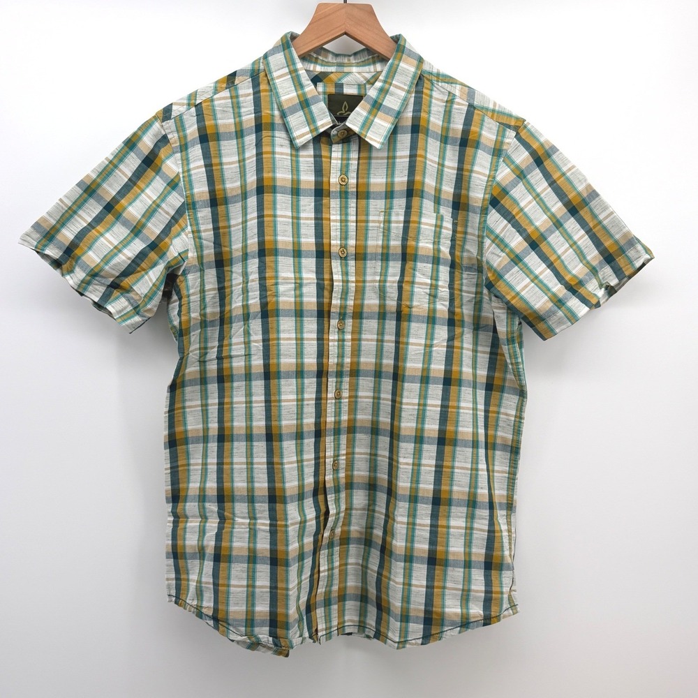 Prana Shirt Mens LRG Green Plaid Short Sleeve Casual Outdoor Hiking Gorpcore - Picture 2 of 8
